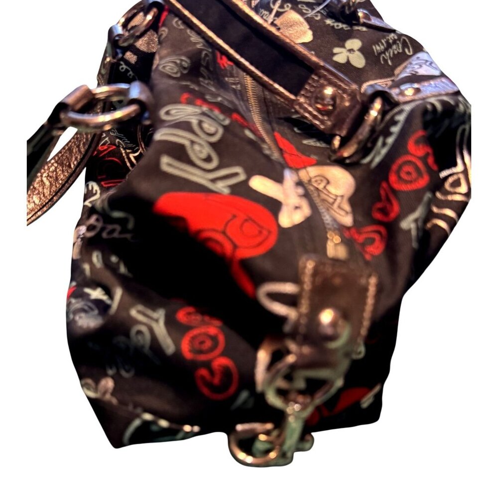 Coach Poppy Black Fabric Handbag With Red Interior & Graphic Design Zipper Closu - Picture 7 of 11